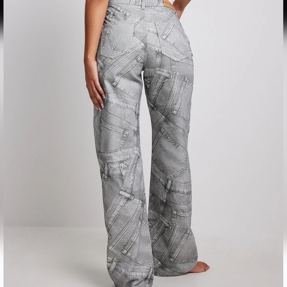 NA-KD Printed Grey Wide Leg Jeans SZ 32 Grunge - Picture 6 of 15